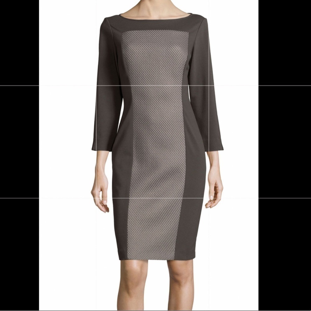 Lafayette 148 3/4-Sleeve Honeycomb-Panel Sheath Dress Granite